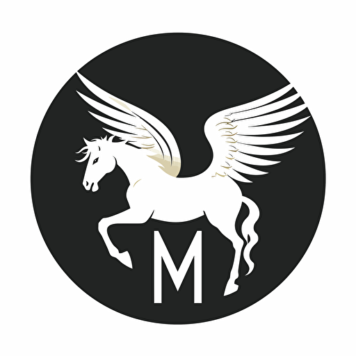 Vector image of M and Pegasus, logo art, brand logo, black and white, no background,