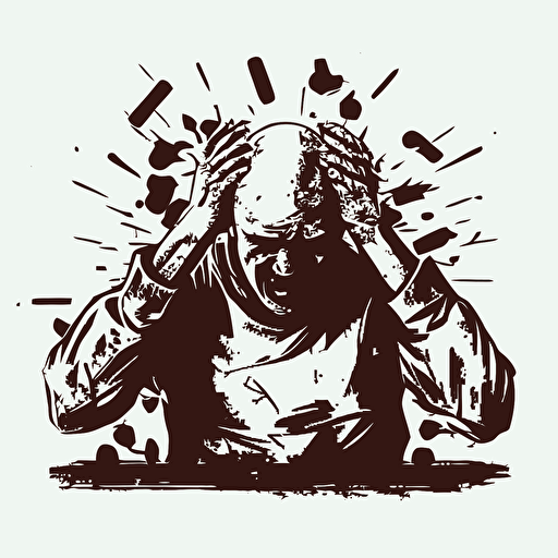 vector image, grundge, bald person with lots of hands covering his face from muliple directions