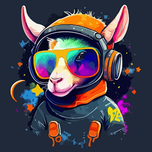 a very cute baby goat dressed as an astronaut , wearing very big sunglasses ,vector, cartoon, graffiti neon colors