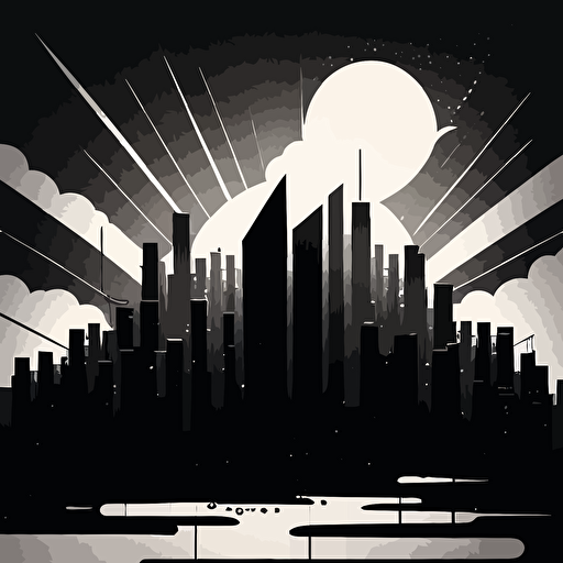 A minimalistic comic illustration of a city of skycrapers, with great detail, lights and clouds covering the sun, representing a great future, style: minimalistic flat vectors, black and white, detailed, no shades, art by Humberto Ramos.