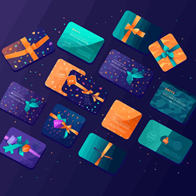 a vector image of a bunch of gift cards ultra modern using dark purple-blue as the background color, along with pops of orange green and blue. it should show a bunch of gift cards with movment and trust