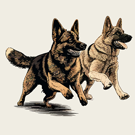 aggressive german shepherd and malinois, teech showing lunging forward, vector, high detail