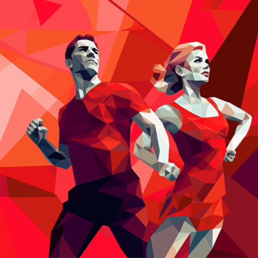 sports guy and girl in the style of the ussr poster, black and red colors, vector art polygon style