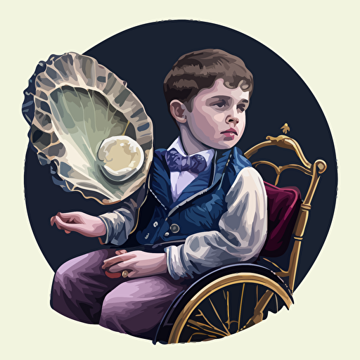 a young boy in a wheelchair holding a beautiful oyster with a viral vector inside in place of a pearl