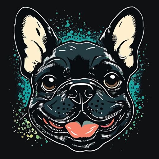 happy dark french bulldog head, cartoon eyes, cute smile, vector logo, vector art, emblem, simple, cartoon, 2d