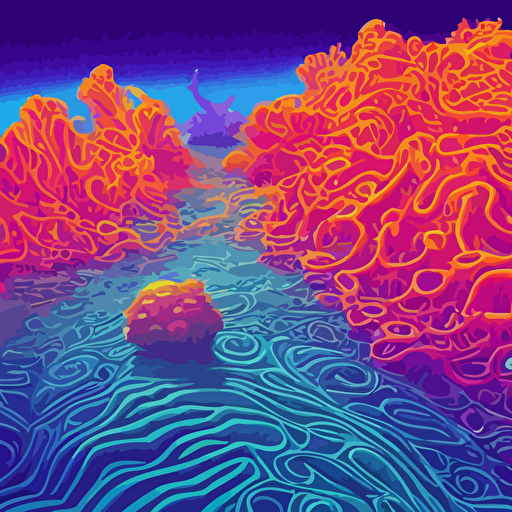 psychedelic 3d vector art illustration deep sea landscape colorful coral reef lisa frank beeple tim hildebrandt hyper realism art deco intricate elegant highly detailed unreal engine octane render artstation smooth sharp focus sharp contrast