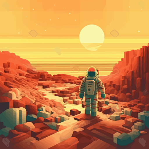 astronaut exploring a landscape made of lego bricks, vector quality, warm colors