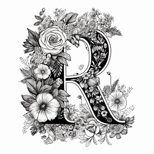 letter R logo, cute, flowers, excessive detail, black white, no background, white background, vector