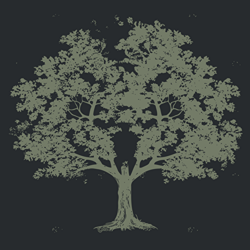 five color symbol of two different Oak trees, side by side, it has to be asymmetric, simple, elegant, green color palette, on a dark gray #444654 background, design is vector style,