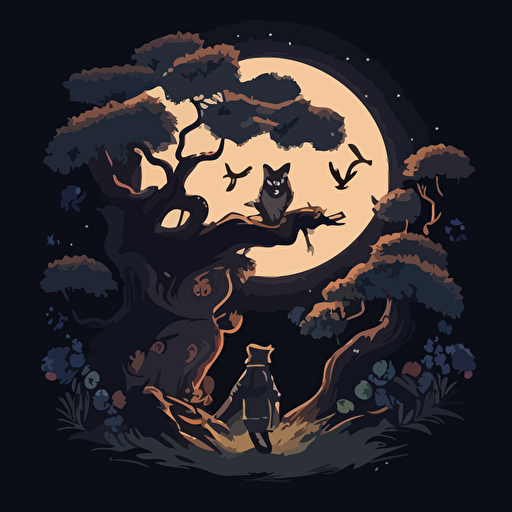 Drawing from the Japanese folklore of Tanuki, design a vector illustration of Satoshi Nakamoto encountering a mischievous Tanuki while strolling through a mystical forest. Set the scene under a magical moonlit sky.