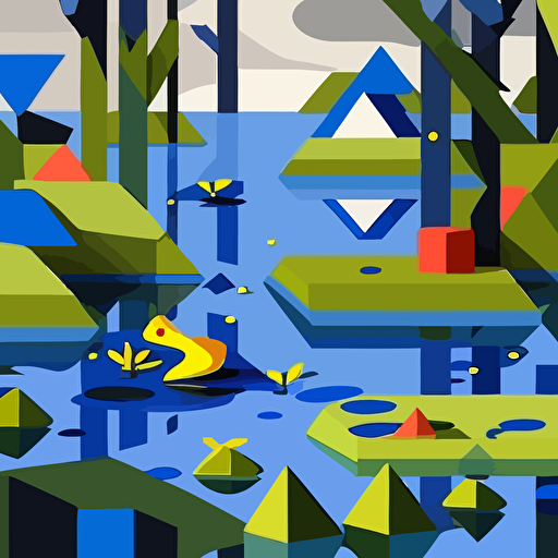 Influenced by Piet Mondrian's geometric abstraction, create a vector illustration of a pond scene where frogs are represented by a combination of simple, rectangular shapes and primary colors. Set the scene in a stylized, modern environment.