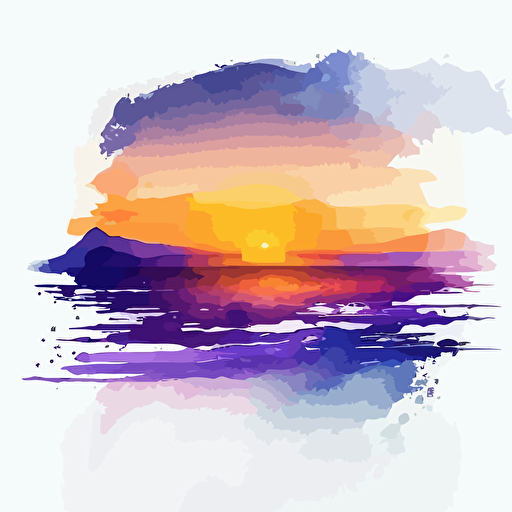 watercolor effect of sunrise over the ocean, dreamy, white background, fading edges, navy, orange and purple, happy, celebration, vector art, refined edges