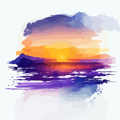 watercolor effect of sunrise over the ocean, dreamy, white background, fading edges, navy, orange and purple, happy, celebration, vector art, refined edges
