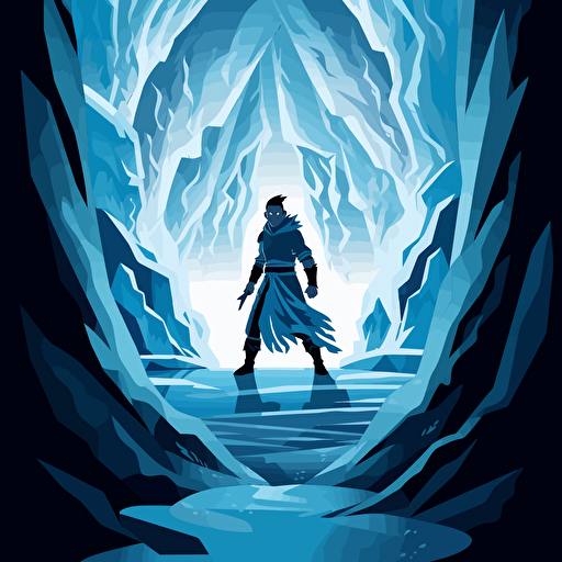 Vector illustration of Sokka, zoomed out in an ice cave, Aesthetics clean and minimalist, abstact water background, with dramatic lighting