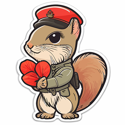 Squirrel in uniform outfit sticker, Kawaii, Clean Colors, Contour, Vector, love, heart, red flowers, White Background, in the style of die-cut stickers