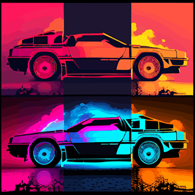 delorean in tych style, peter saville, vector, poster, neon colors
