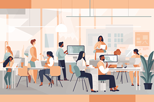 A vector illustration of a team of happy diverse people working together in a modern bright office.