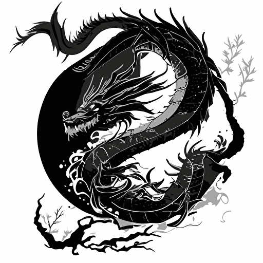 authentic japanese dragon, simplified vector style, black and white