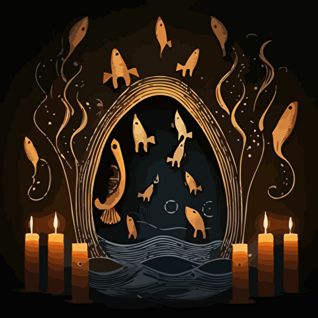 candle arch as vector, with a big tuner and 5 random fishes