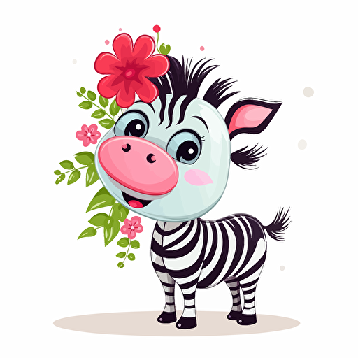 cute zebra with flowers, cartoon style, 2d clipart vector, creative and imaginative, hd, white background