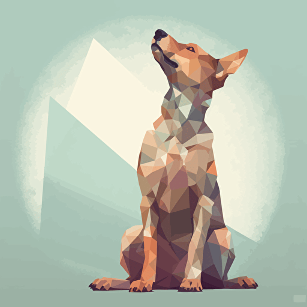cute dog sitting down with paws in the air, side view, vector illustration, geometric shapes, with subtle texture overlay