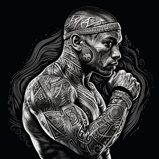 hyper detailed vector illustration of indigenous mma fighter shadowboxing, black white and grays, black background, poster quality