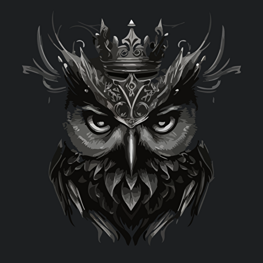 vector image of owl, just black color, no shades, a little texture, a crown, owl's expression convey a sense of wisdom and mystery