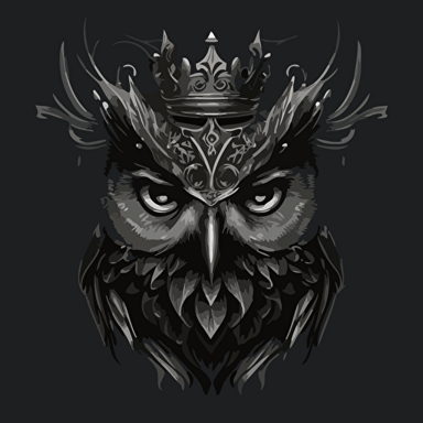 vector image of owl, just black color, no shades, a little texture, a crown, owl's expression convey a sense of wisdom and mystery