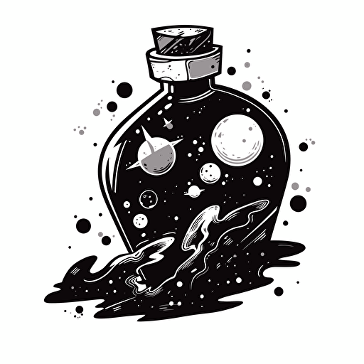 black and white logo, vector design, design, logo, business design, image of a spilled bottle of ink that looks like space and the ink turns into planets and stars, vector