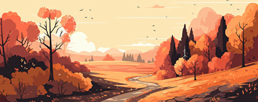 Autumn landscape with trees, bushes and path Autumn landscape with trees, bushes and path, limit colors, vector stylet, flat colors, minimal, svg style, no gradient