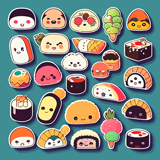 Create a collection of vector stickers featuring different types of Japanese kawaii-inspired food items, such as sushi, ramen, onigiri, and tempura, designed with cute faces, vibrant colors, and adorable, exaggerated expressions to emphasize the kawaii aesthetic.