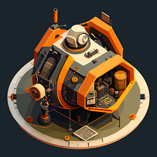 heavy duty space probe, round, vector, simple, top down, isometric, orange and grey, black background