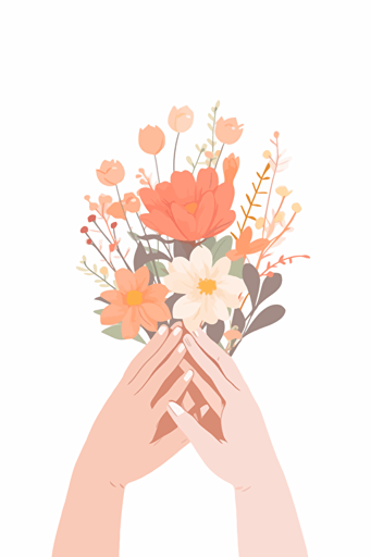 2d flat drawing, simple vector illustration depicting a small hands gripping flowers, cute, creative art print, on white background