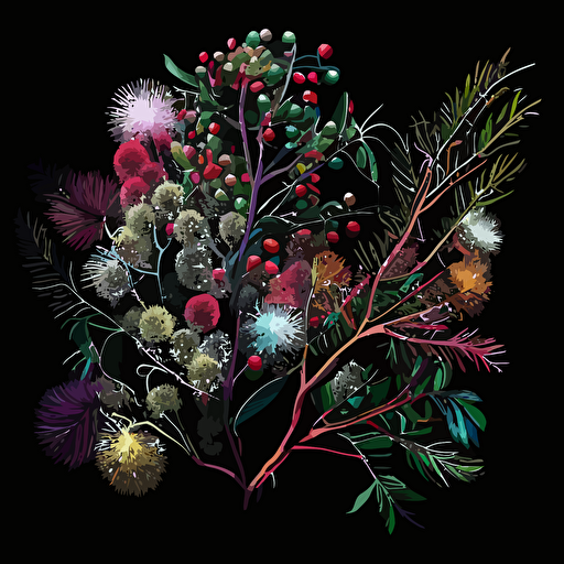 A collection on black with australian bottlebrush,christmas lights, watercolour, vector, clipart, christmas, intricate, ultra-detailed, vivid colours, high definition, UHD