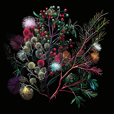 A collection on black with australian bottlebrush,christmas lights, watercolour, vector, clipart, christmas, intricate, ultra-detailed, vivid colours, high definition, UHD