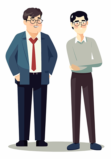 A middle-aged South Korean male office worker is looking at an angry South Korean middle-aged male office worker with a smile, dry and neat, white background, Artsy flat vector illustration