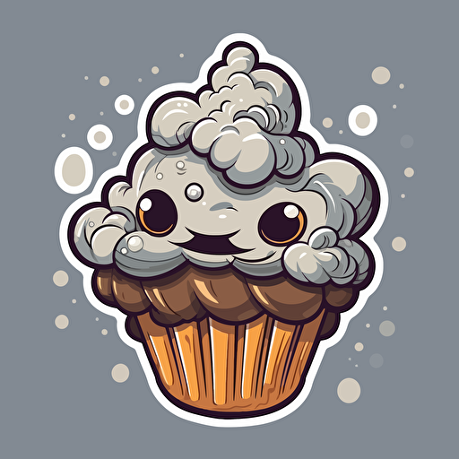 cute cartoon cupcake sticker, vector illustration, in the style of light gray and brown, aggressive digital illustration, fluid form, cloudpunk, tupinipunk, logo, high resolution