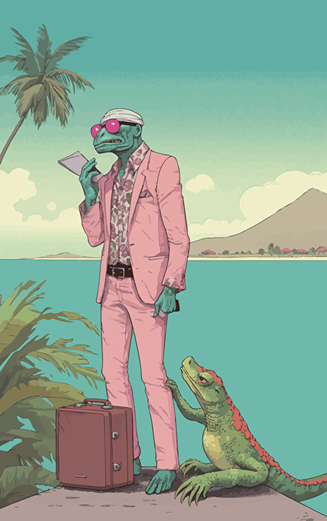 flat vector book cover design by frank quitely showing painted wallpaper hawaii background to a pink anthropomorphic gecko salesman wearing a battered worn suit