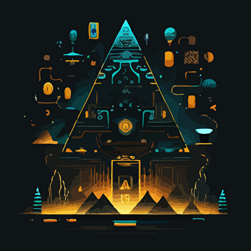 "In the bustling center of digital exchange, a resplendent digital pyramid stands tall, adorned with unique patterns and colors, surrounded by a fluid aura protecting ownership and security, with digits and symbols interwoven into a rotating nebula, symbolizing the vibrancy of NFTs in the world of blockchain transactions. Flat illustration, UI illustration, GUI, Minimalism, dark background, vector, trending on Dribbble, Pinterest.,