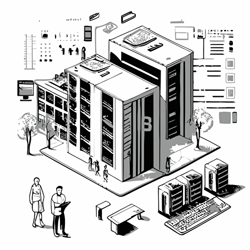 a vector sketch draw of a complex IT Architecture with PCs and Servers and multicultural employees, white background