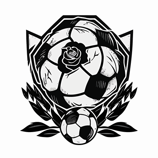black and white vector soccer team logo, with rose and a soccer ball, simple