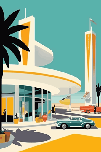 1960's advertisement gasoline station, summer, art deco, vector, minimalistic,