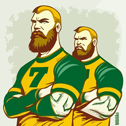 two brothers, Brozen Tundra, looking tough,champions, wearing green and yellow, wearing an oblong brown football, sports logo style, white background, vector