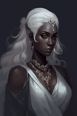 Vector art, drow queen, dark elf, dark grey skin, high quality, dark grey face, white hair