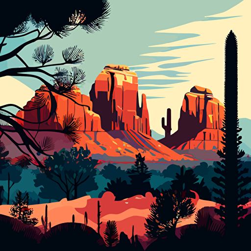 muted colored, detailed flat vector image of sedona buttes and treeline, stylistic collage with sky and silhouettes, high resolution