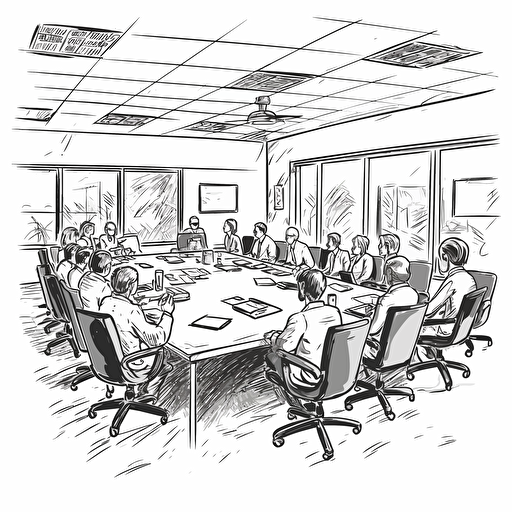 the office in meeting room eith group of people. Vector cartoon doodle style, plain white background,