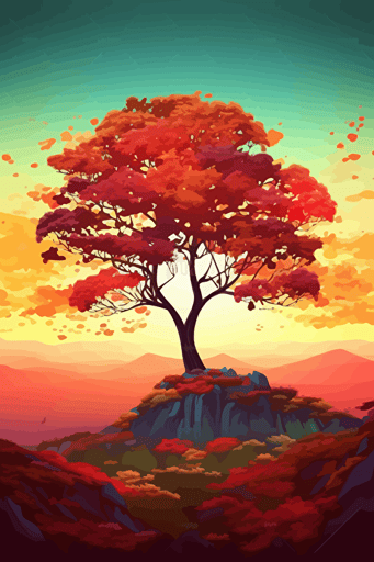 Beautiful landscape with a single large tree. No watermark. Vivid rainbow colours. Vector styled