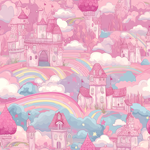 Pink Castle Of Princess Fantasy Flying Palace In White Magic Clouds Fairytale Royal Heaven Palace Cartoon Magical Rainbow Vector Illustration pink white