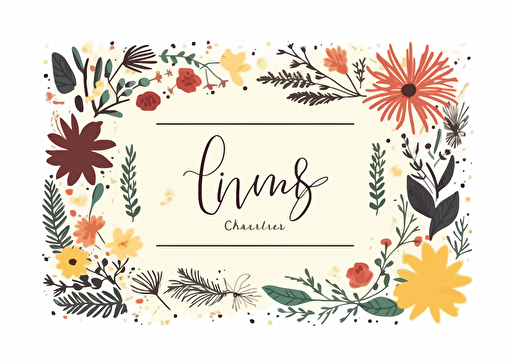 A white rectangle with a name surrounded by illustrated botanicals and flowers, wreath, vector flat, PNG, SVG, vector illustration