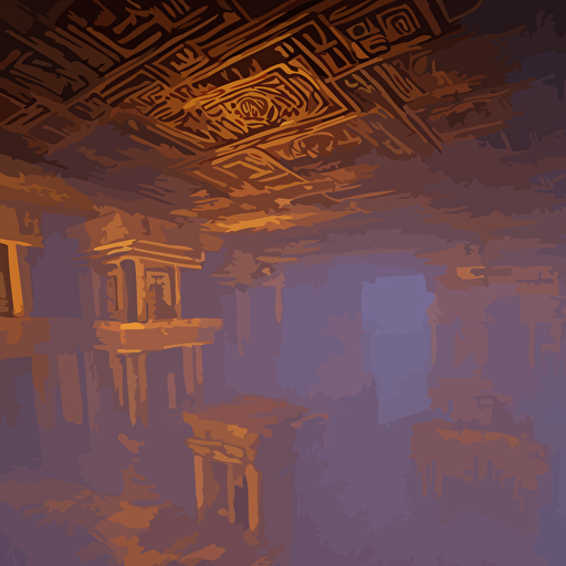majestic expansive ancient mayan temple halls scrolling 2d platformer game level glittering dust air illuminated dusk sun ceiling cracks fantasy totem ruins intricate mayan glyphs volumetric light detailed carved ornaments rich color upscale 8k